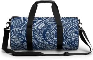 Aesthetic Sports Bag for Women Blue Polynesian Maori Tribal Pattern Printed Duffle Travel Bag for Men Women Mini Workout Bags Cylindrical Gym Bag