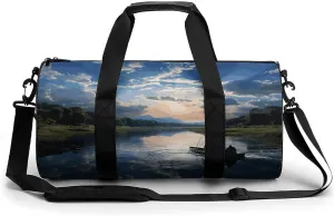 Aesthetic Sports Bag for Women Fishing Scenic Printed Duffle Travel Bag for Men Women Mini Workout Bags Cylindrical Gym Bag