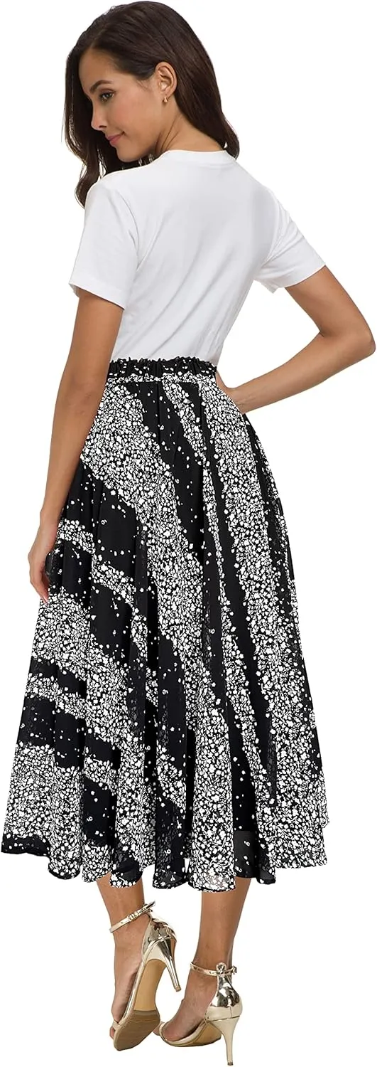 Afibi Women High Waist Floral Print Swing Chiffon Beach Midi Long Skirt with Pockets