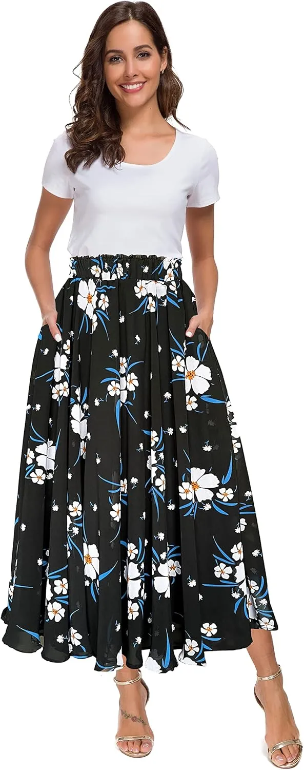 Afibi Women High Waist Floral Print Swing Chiffon Beach Midi Long Skirt with Pockets