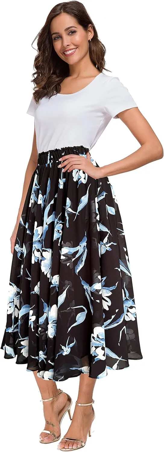 Afibi Women High Waist Floral Print Swing Chiffon Beach Midi Long Skirt with Pockets