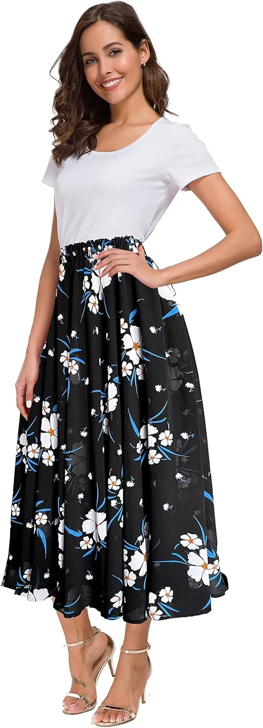 Afibi Women High Waist Floral Print Swing Chiffon Beach Midi Long Skirt with Pockets