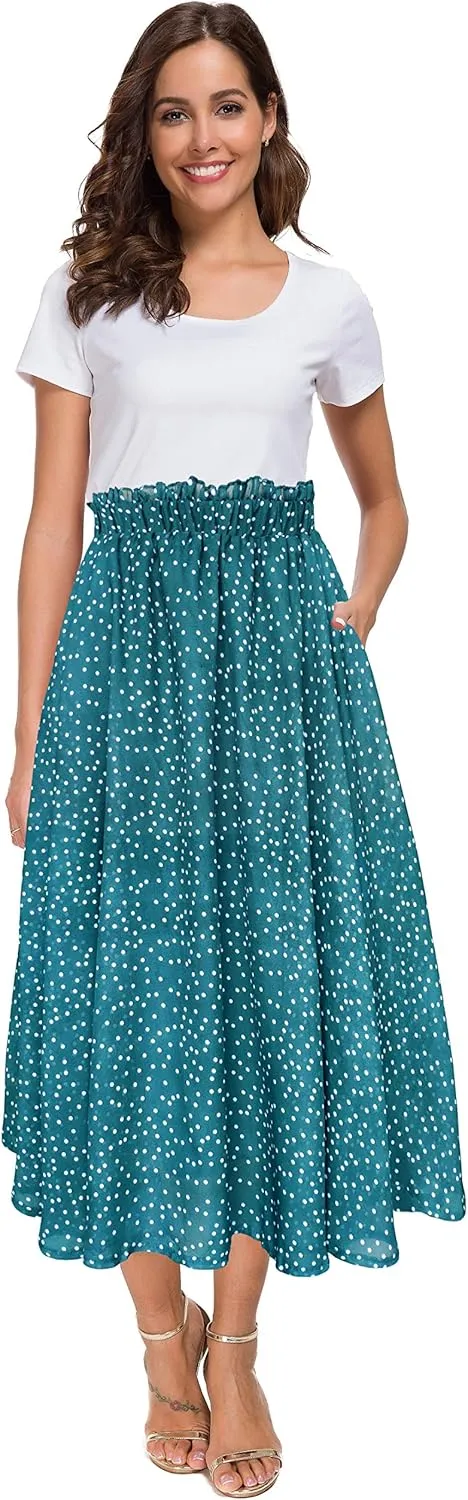 Afibi Women High Waist Floral Print Swing Chiffon Beach Midi Long Skirt with Pockets