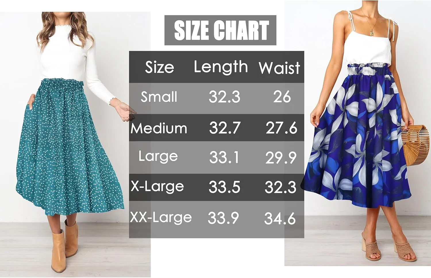 Afibi Women High Waist Floral Print Swing Chiffon Beach Midi Long Skirt with Pockets