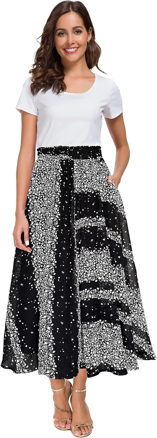 Afibi Women High Waist Floral Print Swing Chiffon Beach Midi Long Skirt with Pockets