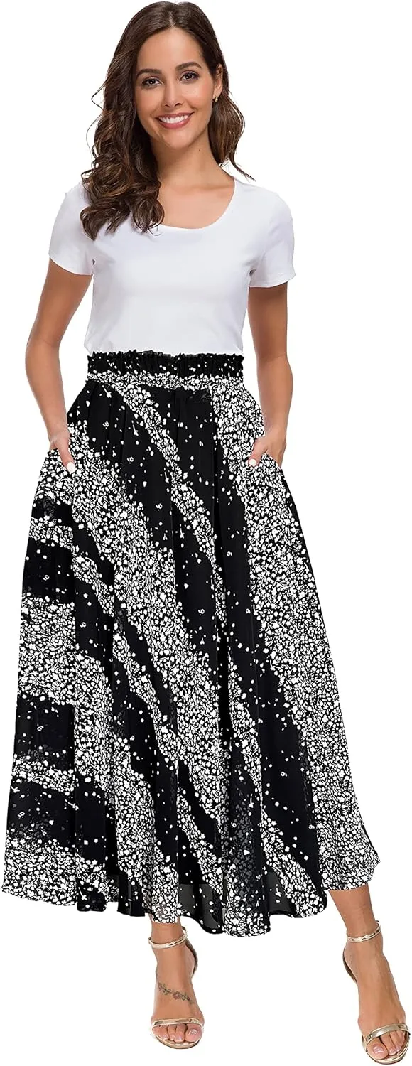 Afibi Women High Waist Floral Print Swing Chiffon Beach Midi Long Skirt with Pockets