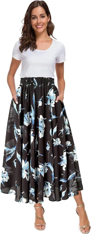 Afibi Women High Waist Floral Print Swing Chiffon Beach Midi Long Skirt with Pockets