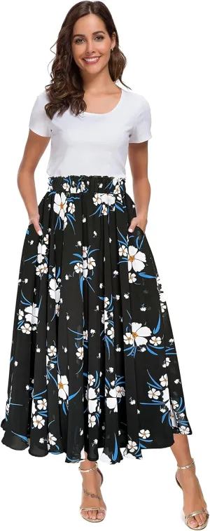 Afibi Women High Waist Floral Print Swing Chiffon Beach Midi Long Skirt with Pockets