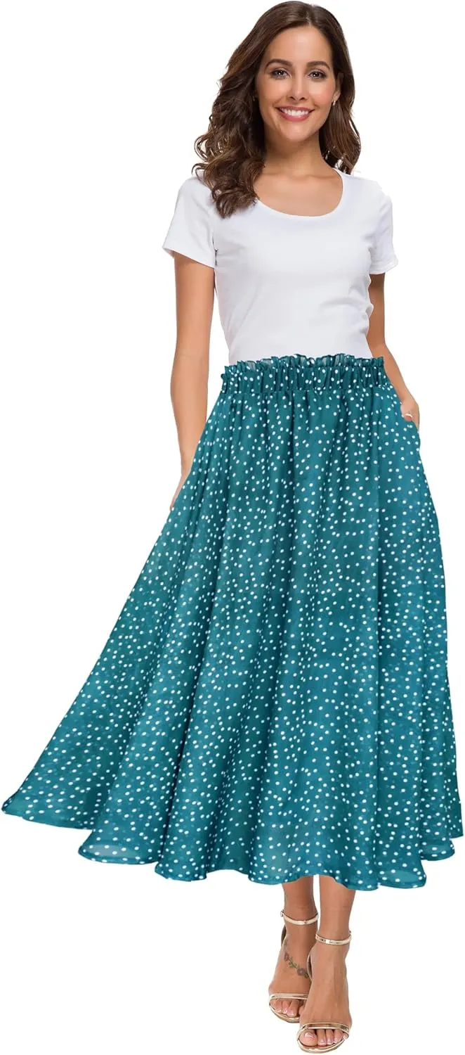 Afibi Women High Waist Floral Print Swing Chiffon Beach Midi Long Skirt with Pockets