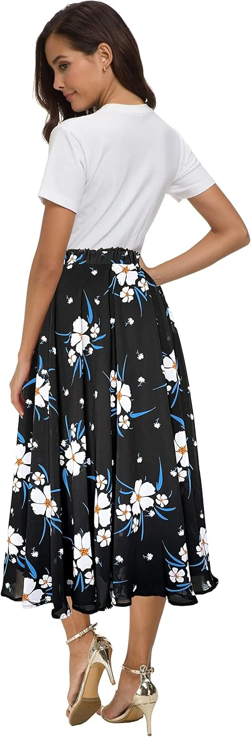 Afibi Women High Waist Floral Print Swing Chiffon Beach Midi Long Skirt with Pockets