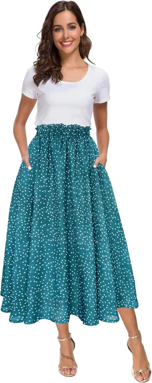 Afibi Women High Waist Floral Print Swing Chiffon Beach Midi Long Skirt with Pockets