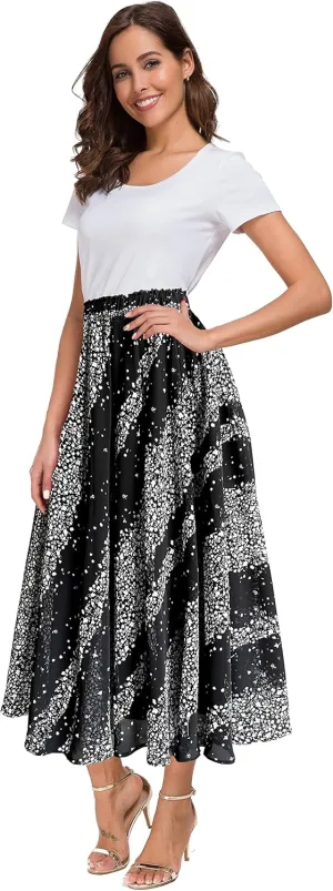 Afibi Women High Waist Floral Print Swing Chiffon Beach Midi Long Skirt with Pockets