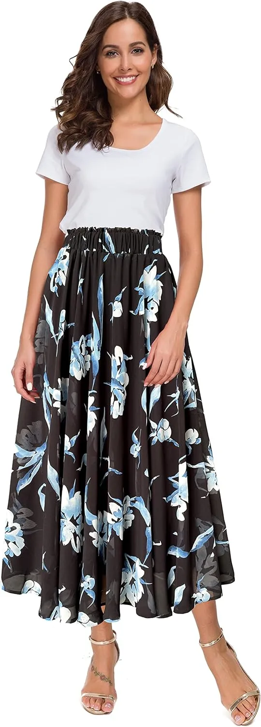 Afibi Women High Waist Floral Print Swing Chiffon Beach Midi Long Skirt with Pockets