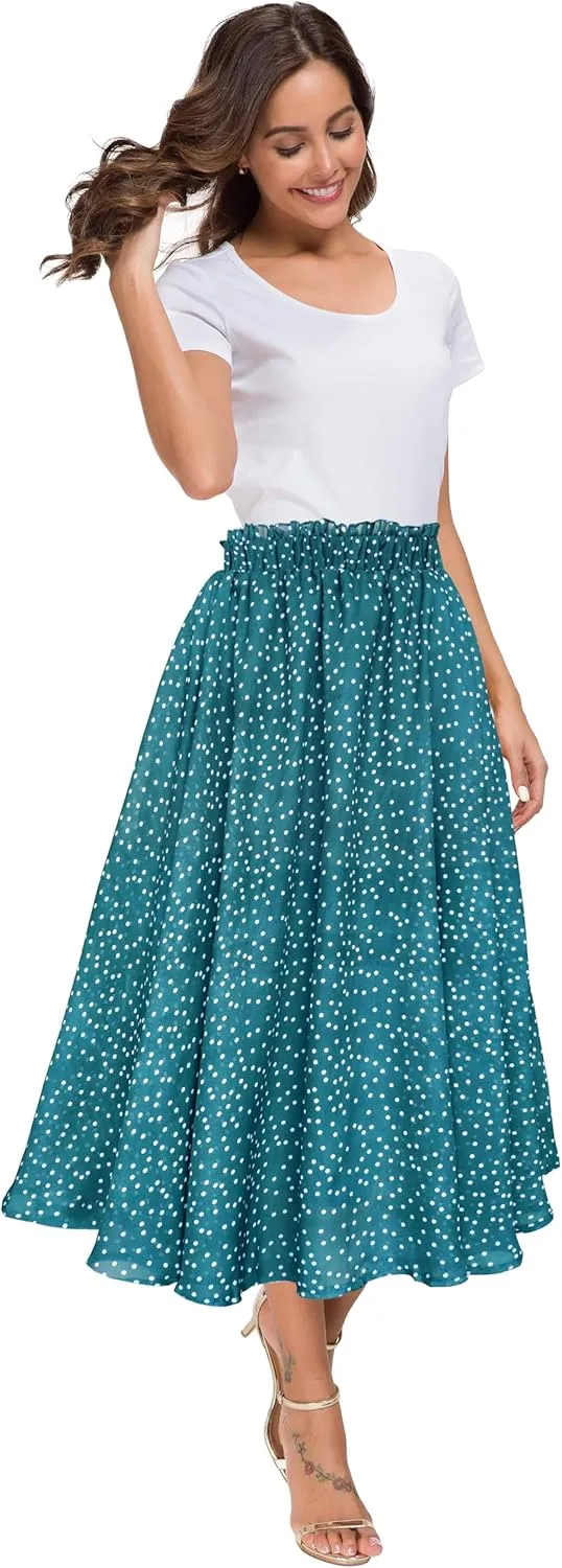 Afibi Women High Waist Floral Print Swing Chiffon Beach Midi Long Skirt with Pockets