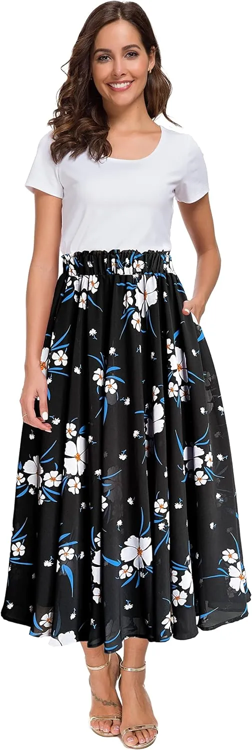 Afibi Women High Waist Floral Print Swing Chiffon Beach Midi Long Skirt with Pockets