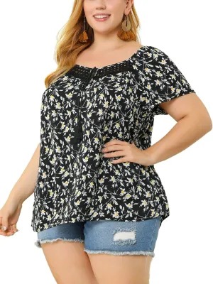 Agnes Orinda Plus Size Blouse for Women Short Sleeve Tie Neck Floral Print Casual Blouses Tops