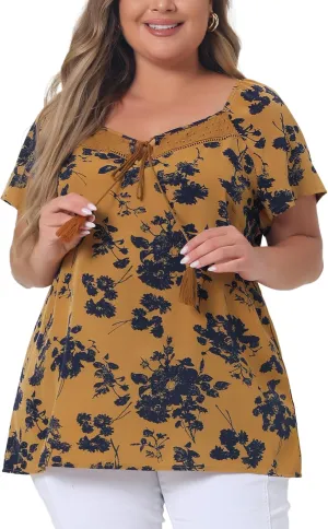 Agnes Orinda Plus Size Blouse for Women Short Sleeve Tie Neck Floral Print Casual Blouses Tops