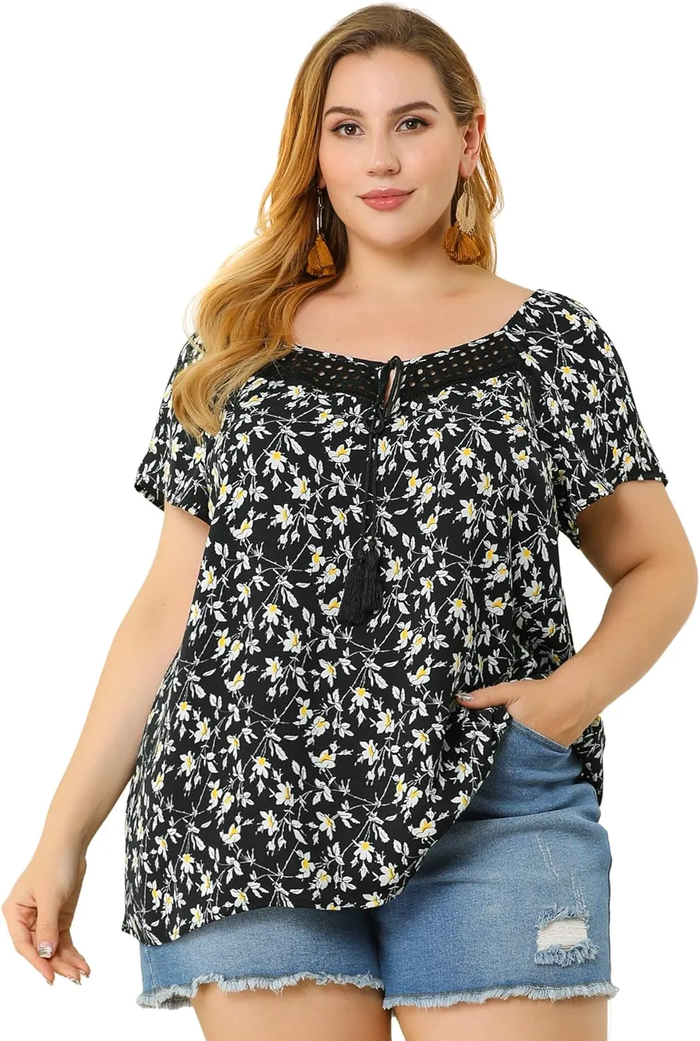 Agnes Orinda Plus Size Blouse for Women Short Sleeve Tie Neck Floral Print Casual Blouses Tops