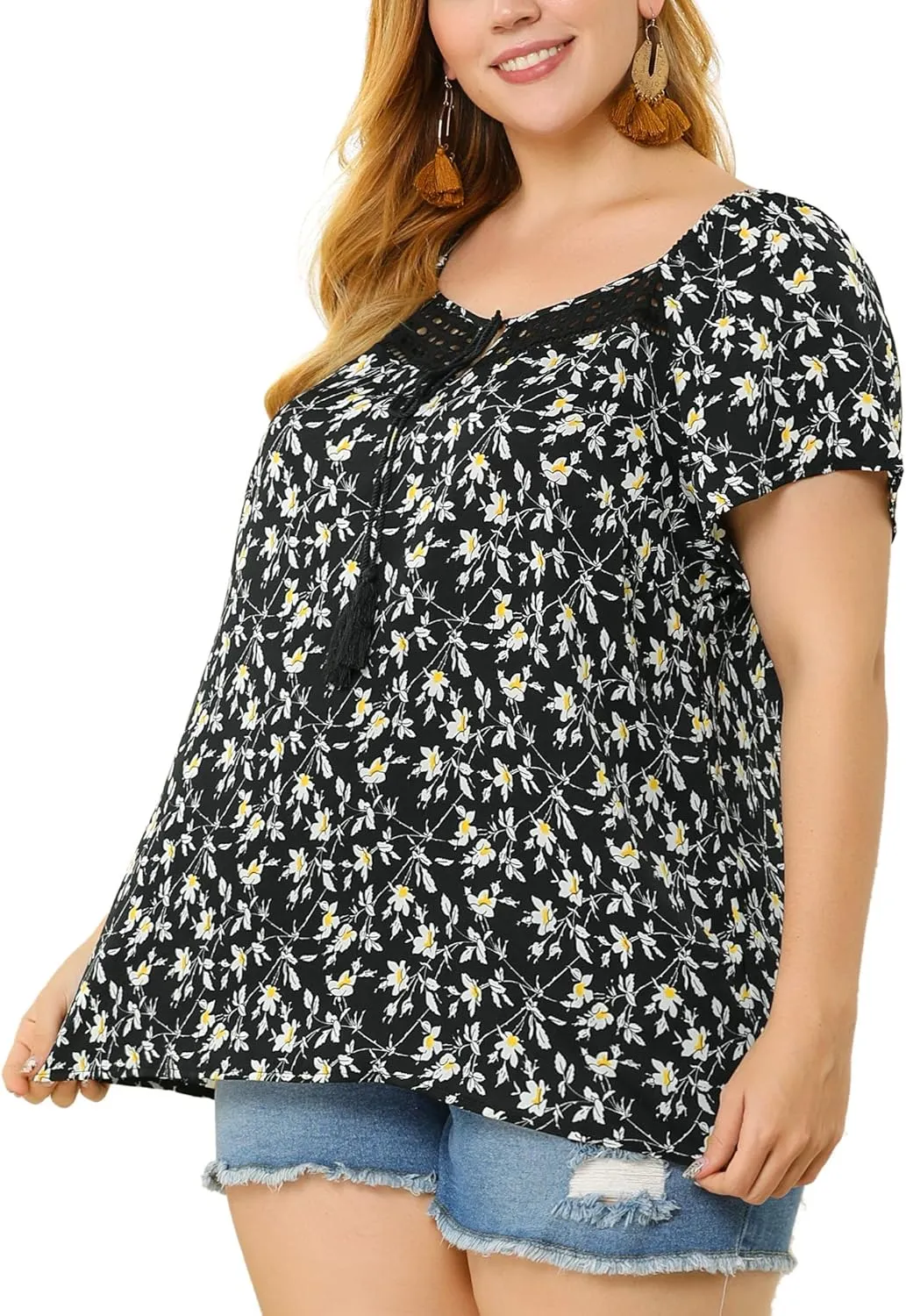 Agnes Orinda Plus Size Blouse for Women Short Sleeve Tie Neck Floral Print Casual Blouses Tops