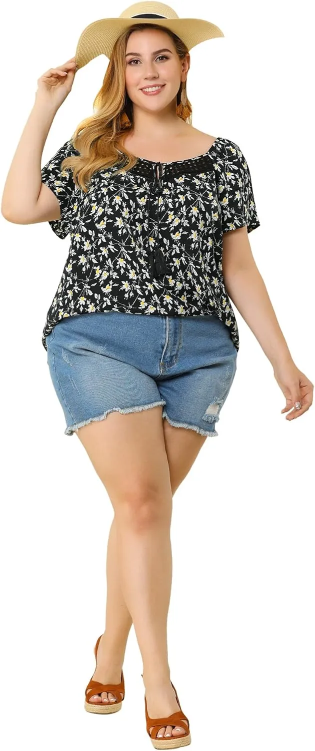 Agnes Orinda Plus Size Blouse for Women Short Sleeve Tie Neck Floral Print Casual Blouses Tops