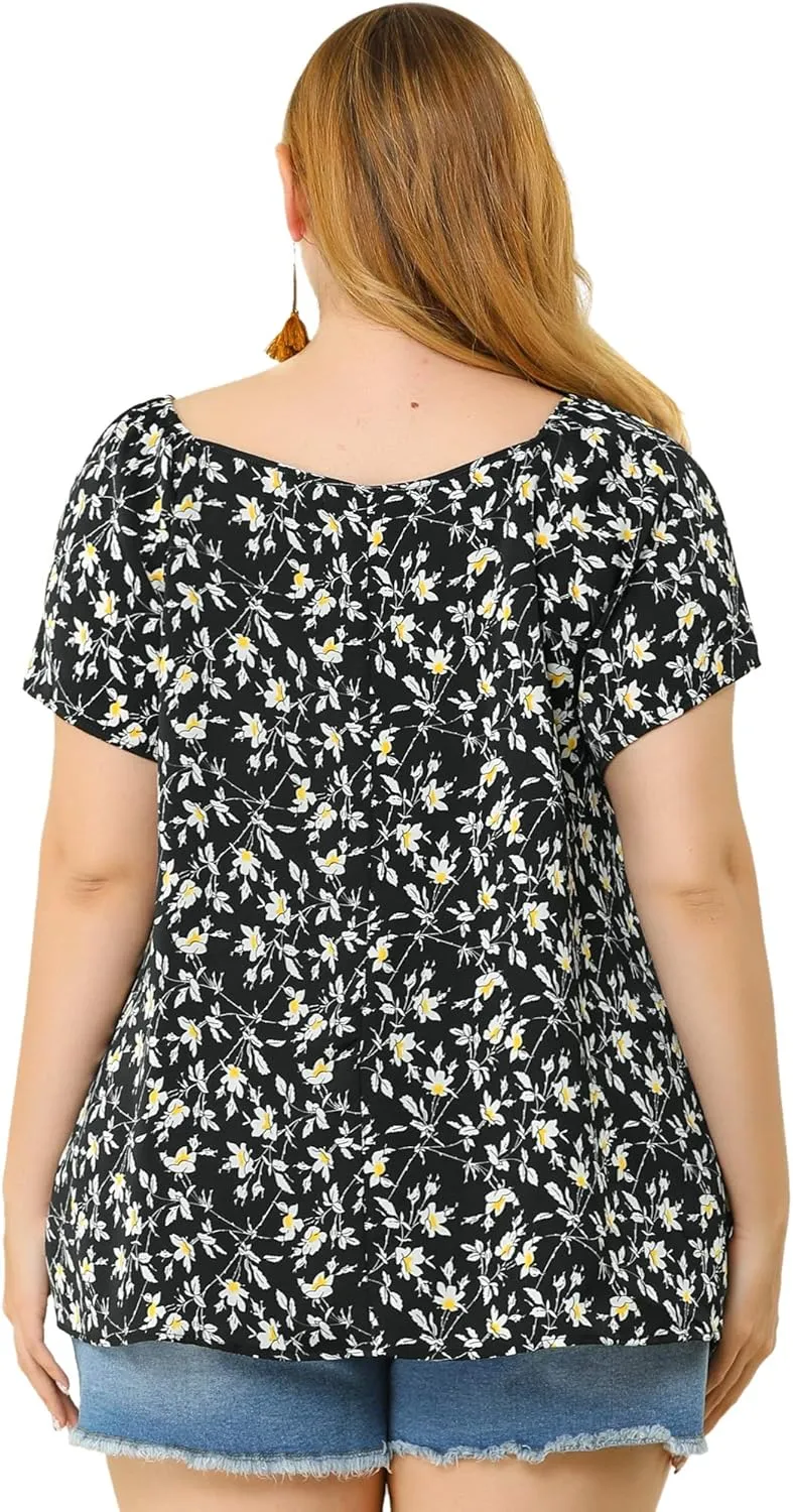 Agnes Orinda Plus Size Blouse for Women Short Sleeve Tie Neck Floral Print Casual Blouses Tops