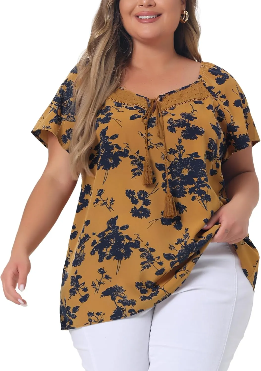 Agnes Orinda Plus Size Blouse for Women Short Sleeve Tie Neck Floral Print Casual Blouses Tops
