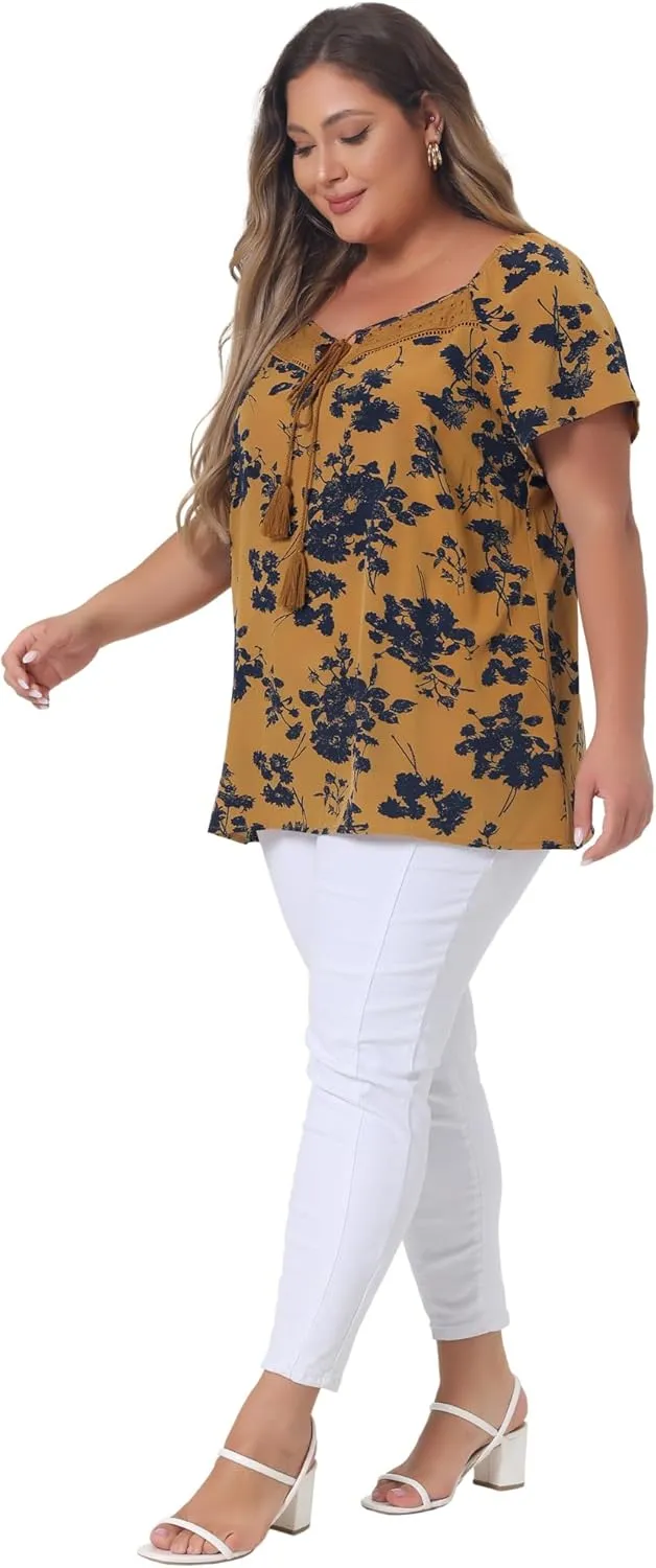 Agnes Orinda Plus Size Blouse for Women Short Sleeve Tie Neck Floral Print Casual Blouses Tops