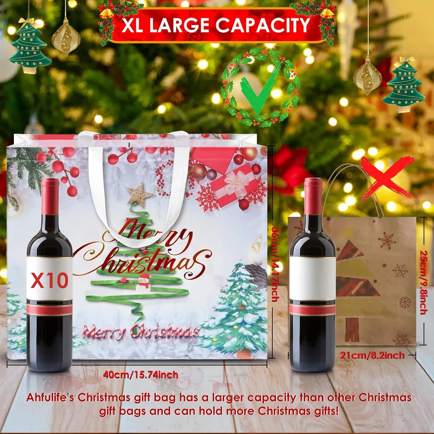 AhfuLife 18PCS Extra Large Bags, 15.7'' x 14.2'' x 5.9'', Reusable Non-woven Christmas Tote Bags with Handles for New Year, Xmas Decorations Party Supplies