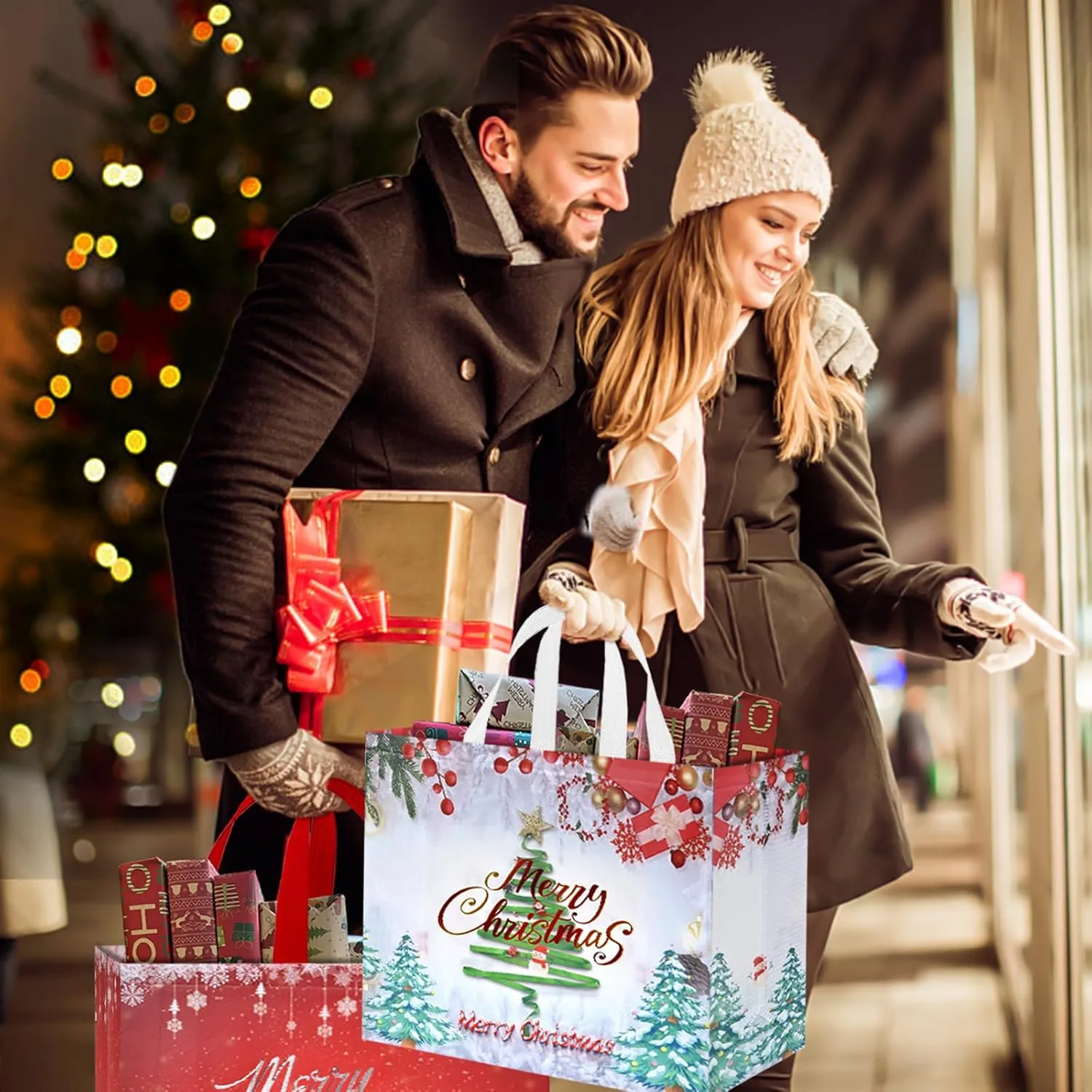 AhfuLife 18PCS Extra Large Bags, 15.7'' x 14.2'' x 5.9'', Reusable Non-woven Christmas Tote Bags with Handles for New Year, Xmas Decorations Party Supplies