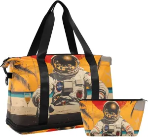 AIXIWAWA Astronaut Beach Duffel Bags Set with Shoes Compartment Trolley Sleeve Removeable Strap for Workout Travel Gym