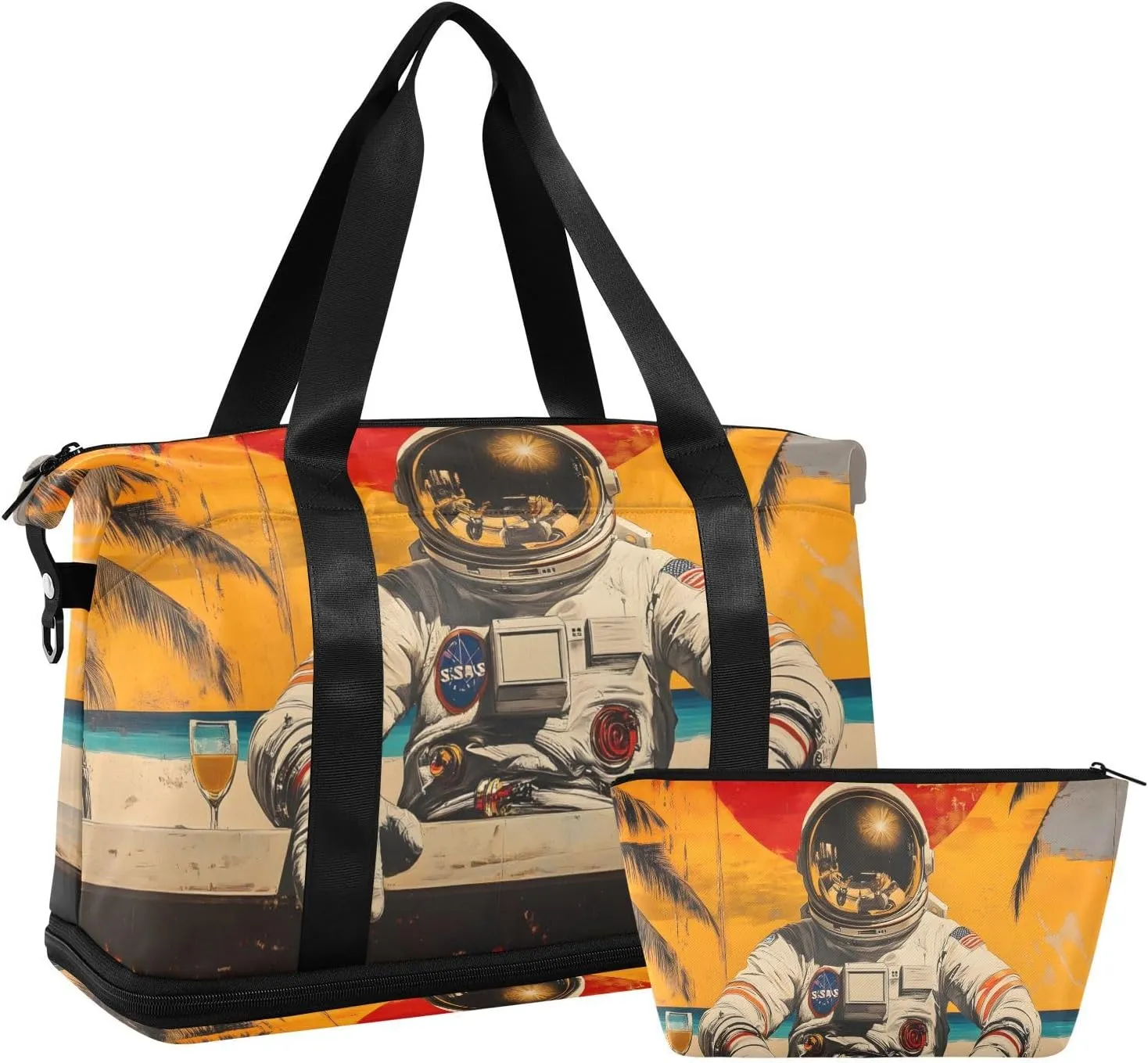 AIXIWAWA Astronaut Beach Duffel Bags Set with Shoes Compartment Trolley Sleeve Removeable Strap for Workout Travel Gym