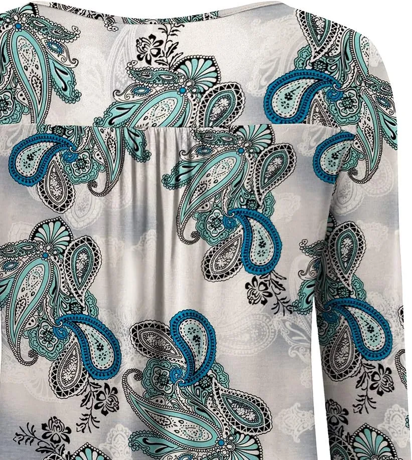 a.Jesdani Plus Size Tunic Tops Long Sleeve Casual Floral Printed Henley V Neck Shirts for Women