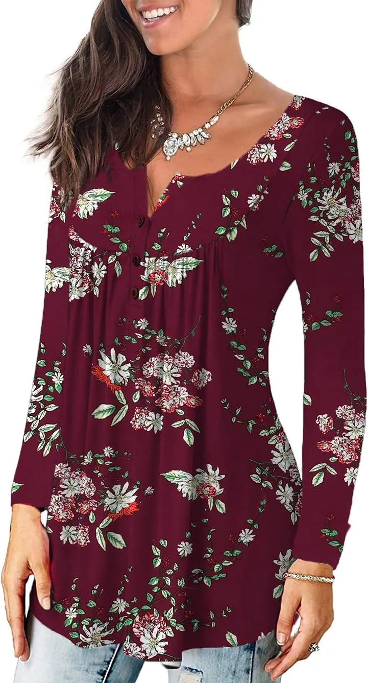 a.Jesdani Plus Size Tunic Tops Long Sleeve Casual Floral Printed Henley V Neck Shirts for Women