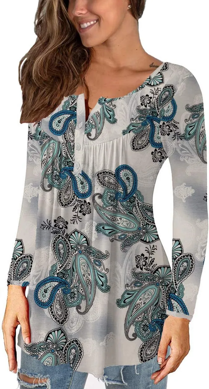 a.Jesdani Plus Size Tunic Tops Long Sleeve Casual Floral Printed Henley V Neck Shirts for Women