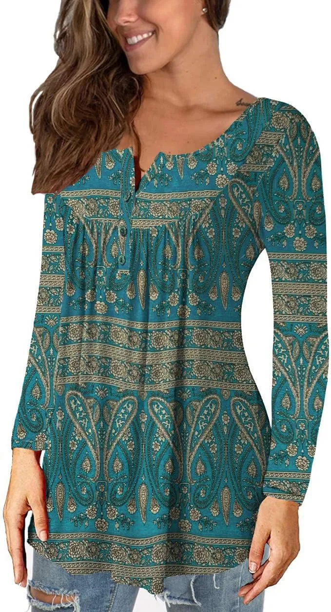 a.Jesdani Plus Size Tunic Tops Long Sleeve Casual Floral Printed Henley V Neck Shirts for Women