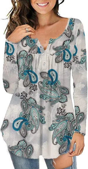 a.Jesdani Plus Size Tunic Tops Long Sleeve Casual Floral Printed Henley V Neck Shirts for Women