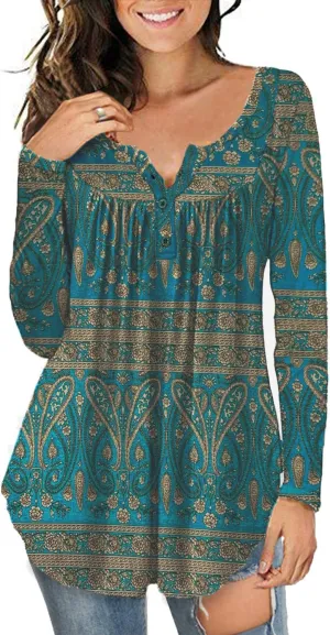 a.Jesdani Plus Size Tunic Tops Long Sleeve Casual Floral Printed Henley V Neck Shirts for Women