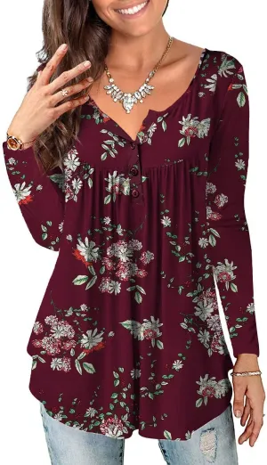 a.Jesdani Plus Size Tunic Tops Long Sleeve Casual Floral Printed Henley V Neck Shirts for Women