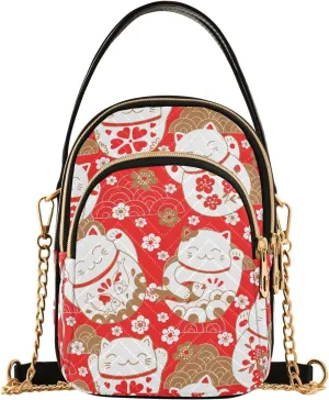 ALAZA Chain Crossbody Bags for Women Lucky Cat Maneki Neko Red Quilted Shoulder Crossbody Handbags Travel Cross Body Cell Phone Purses Bags