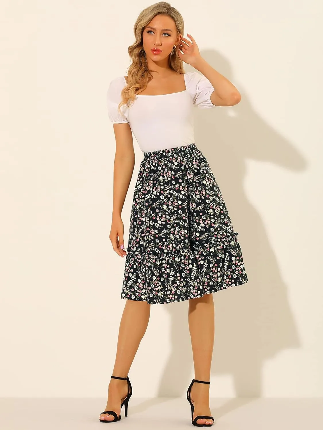 Allegra K Women's Knee Length Skirt Floral Elastic Waist Flowy Tiered A-Line Ruffle Skirt