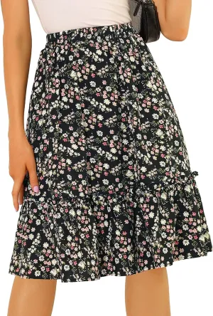 Allegra K Women's Knee Length Skirt Floral Elastic Waist Flowy Tiered A-Line Ruffle Skirt