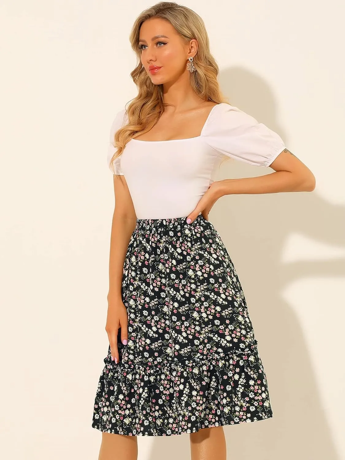 Allegra K Women's Knee Length Skirt Floral Elastic Waist Flowy Tiered A-Line Ruffle Skirt