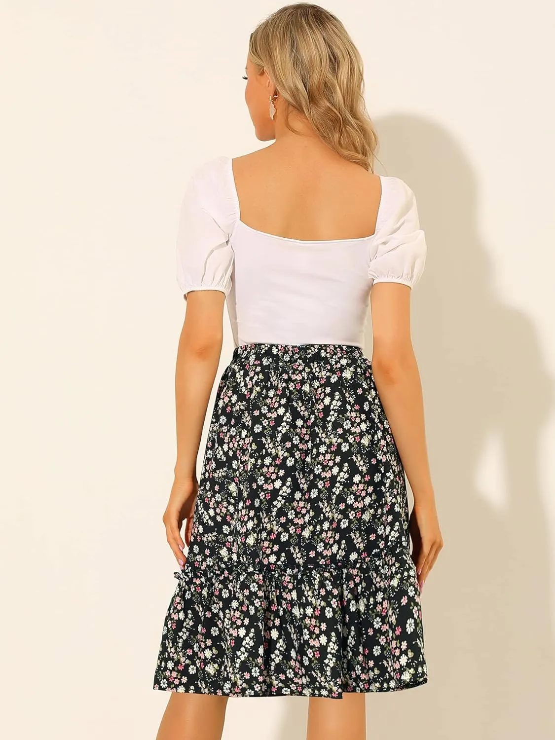 Allegra K Women's Knee Length Skirt Floral Elastic Waist Flowy Tiered A-Line Ruffle Skirt