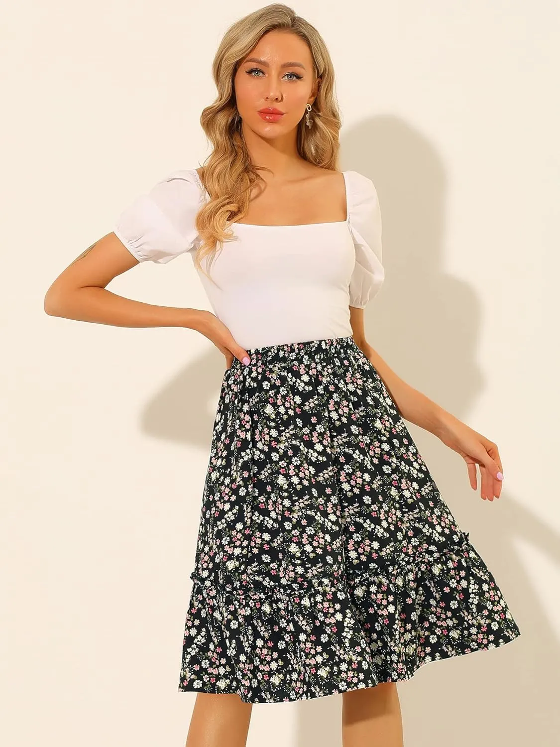 Allegra K Women's Knee Length Skirt Floral Elastic Waist Flowy Tiered A-Line Ruffle Skirt