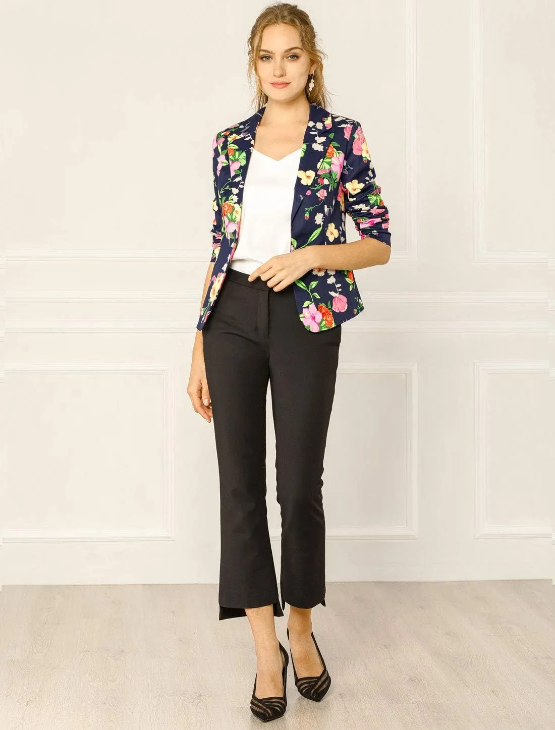 Allegra K Women's Work Casual Fitted Blazer Notch Lapel Printed Open Front Suit Jacket