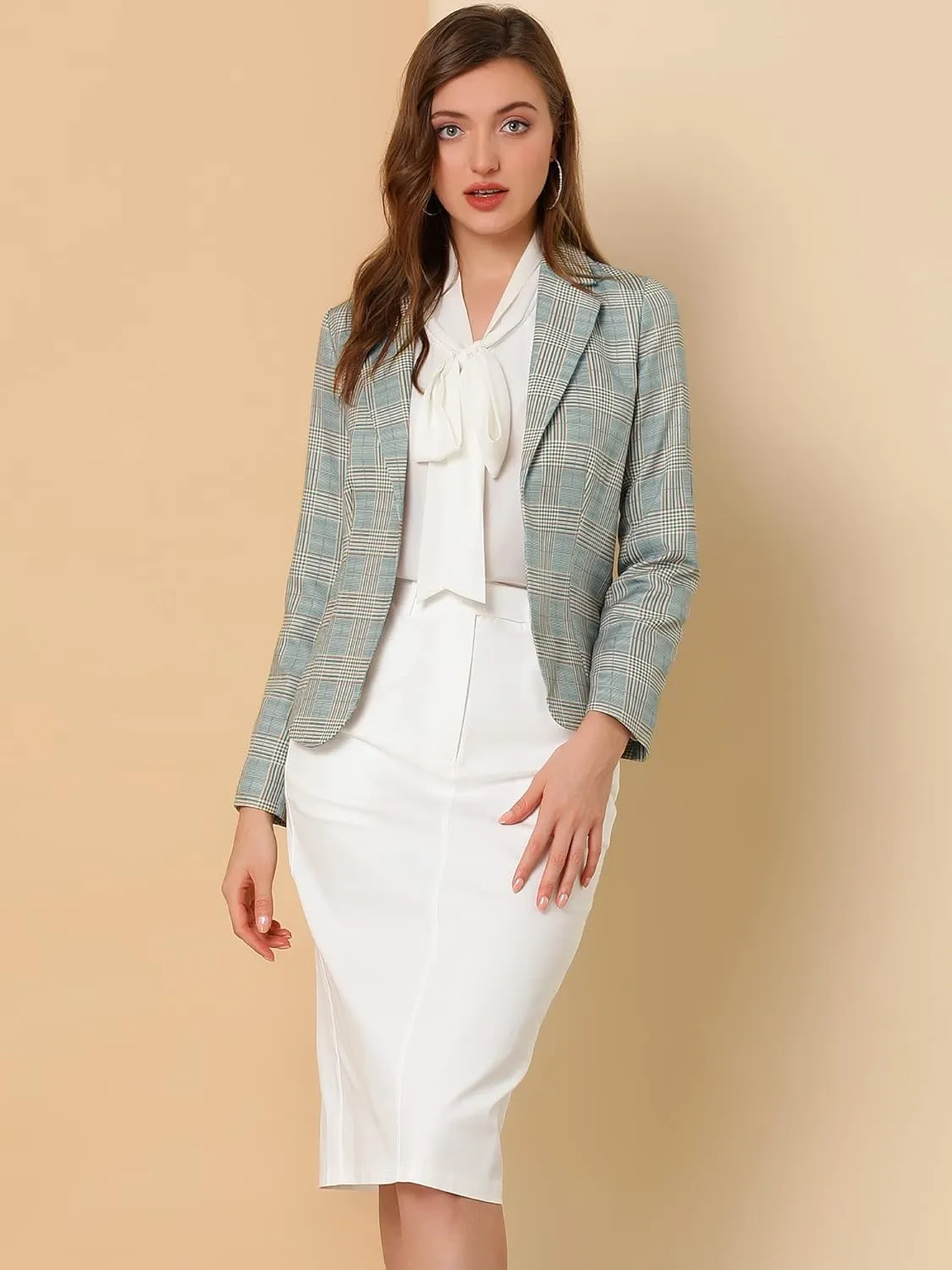 Allegra K Women's Work Casual Fitted Blazer Notch Lapel Printed Open Front Suit Jacket