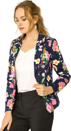 Allegra K Women's Work Casual Fitted Blazer Notch Lapel Printed Open Front Suit Jacket