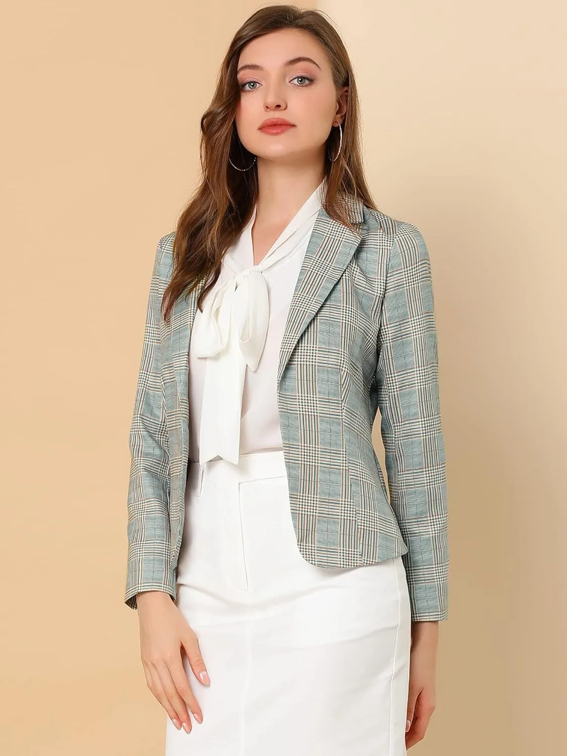 Allegra K Women's Work Casual Fitted Blazer Notch Lapel Printed Open Front Suit Jacket