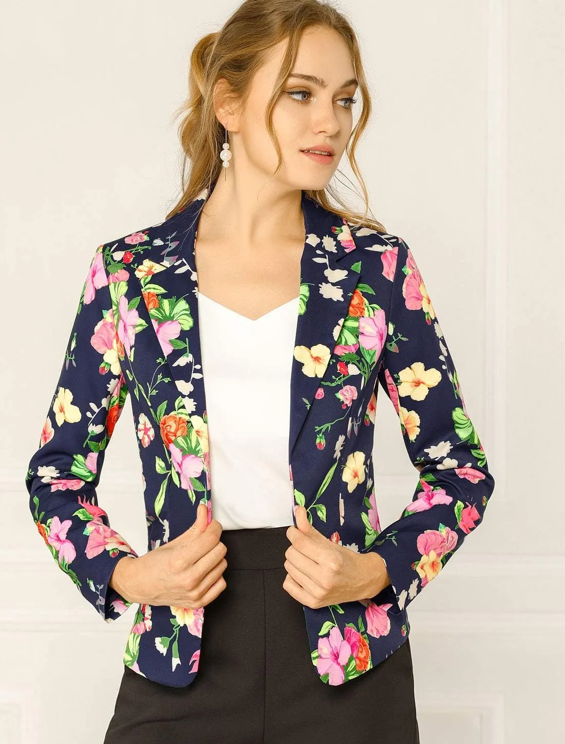 Allegra K Women's Work Casual Fitted Blazer Notch Lapel Printed Open Front Suit Jacket
