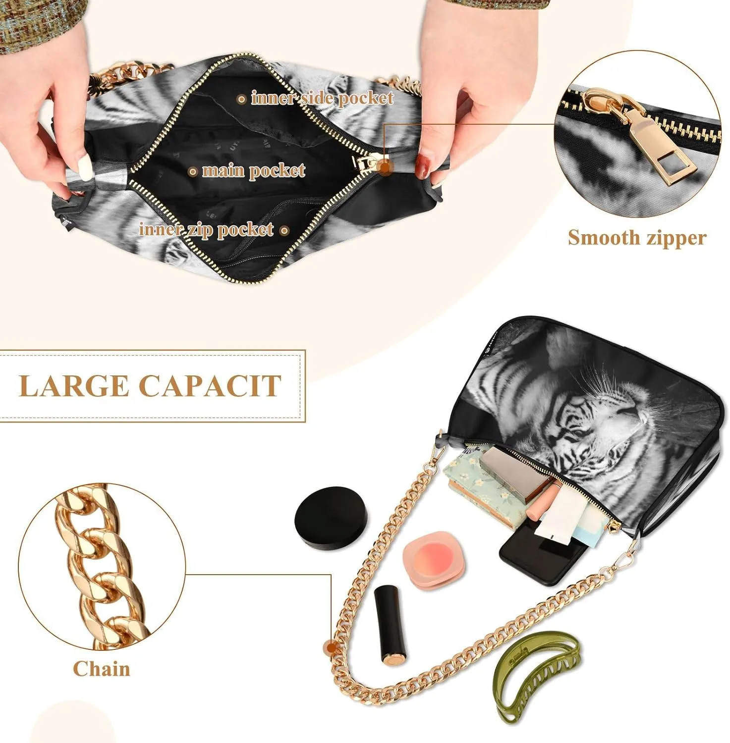 ALZA Shoulder Handbags for Women Travel Hobo Tote Handbag Women Gold Chain Shoulder Bags Purse with Zipper Closure